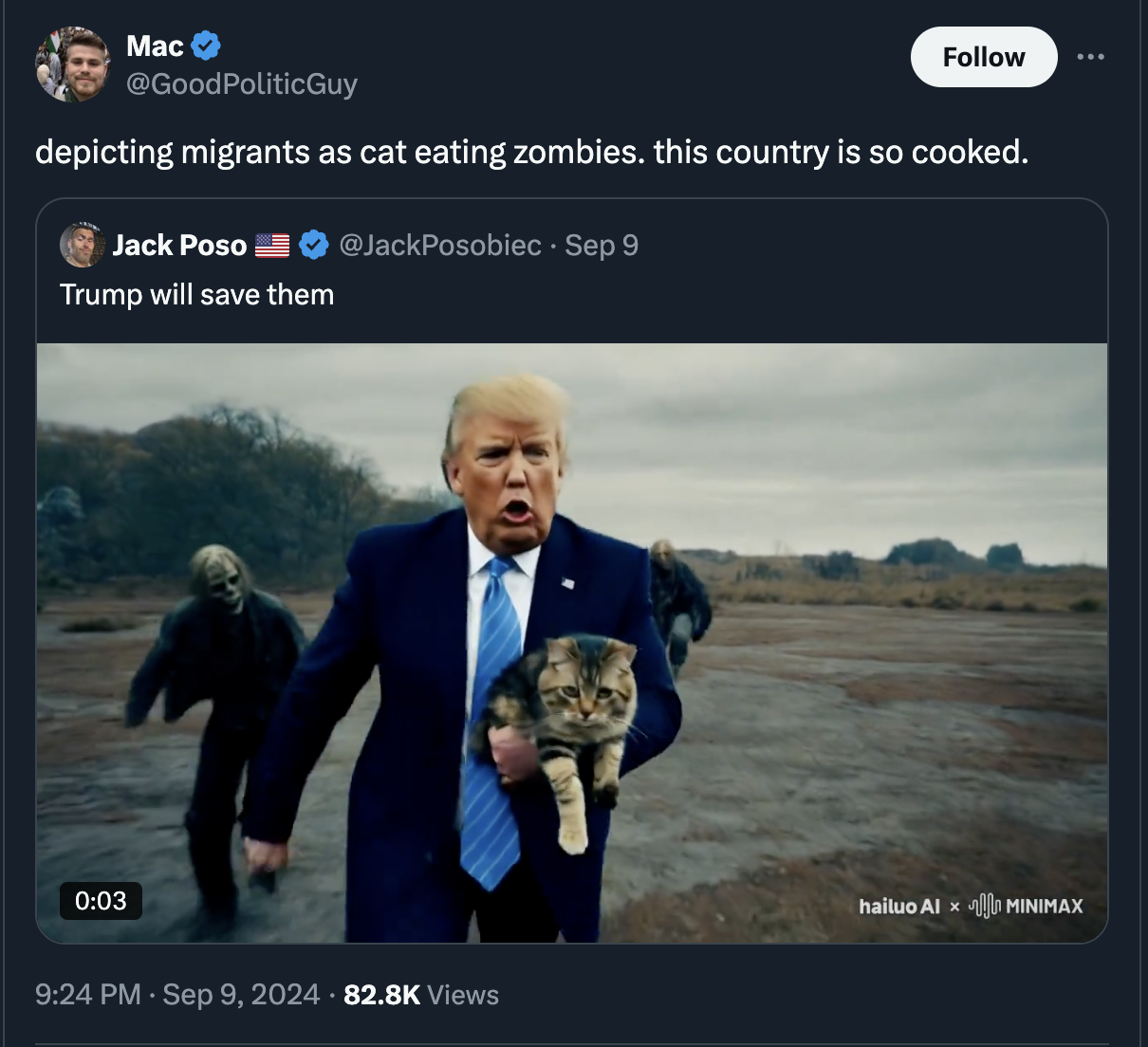 screenshot - Mac depicting migrants as cat eating zombies. this country is so cooked. Jack Poso Sep 9 Trump will save them Views hailuo Alx Minimax